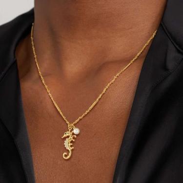 Imagem de Colar de cavalo marinho para mulheres, banhado a ouro 14K, joia de zircônia cúbica de praia náutica