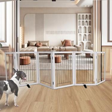Imagem de ZJSF Portão interno independente para cães, cerca dobrável para portas, corredores ou escadas, portão extra largo de madeira resistente para animais de estimação com pés de apoio, cinza, 81 cm de