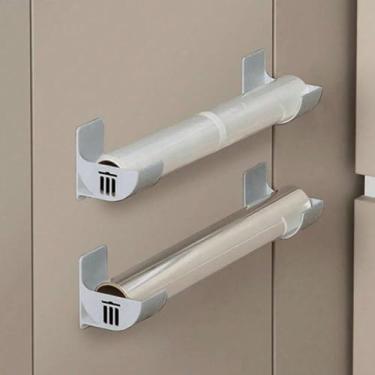 Imagem de Pacote com 4 prateleiras de armazenamento de cozinha sem furadeira com ganchos adesivos organizador para sacos plásticos de papel pergaminho montado na parede armário porta economia de espaço