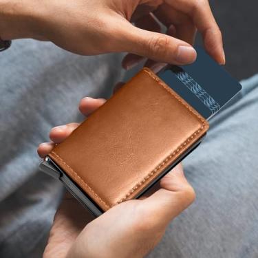 Imagem de Carteira masculina com suporte para cartão pop-up, carteira de poliuretano com bloqueio de RFID, design fino e minimalista com compartimento para dinheiro, bolso frontal para homens, comporta de 9 a