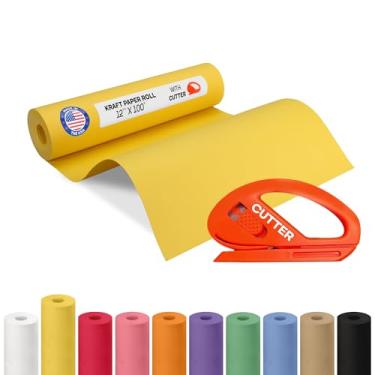 Imagem de Rolo de papel kraft amarelo 30,5 cm x 30,5 m com cortador - Papel de embrulho feito nos EUA para embalagem, mudança, envio e artesanato/artes - Material de artesanato natural 100% reciclável da IDL