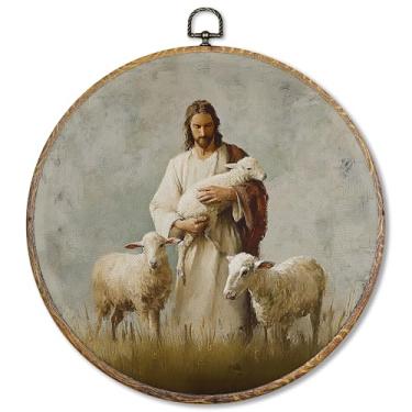 Imagem de Pugwak Decoração de parede redonda vintage cristã Jesus e cordeiro, arte em tela com versículo bíblico, arte retrô religiosa de Jesus, decoração para pendurar na parede para casa, quarto, sala de