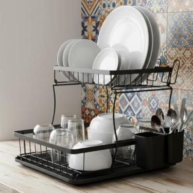 Imagem de Escorredor de Louça 2 Andares em Aço Carbono Organizador Escorredor de Pratos Inox com Suporte Talheres Premium