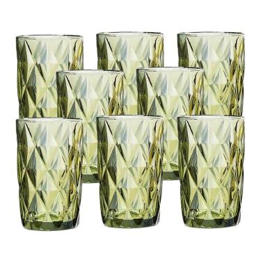 Imagem de Jogo 8 Copos Para água Vidro Diamante Verde Class Home 350ml
