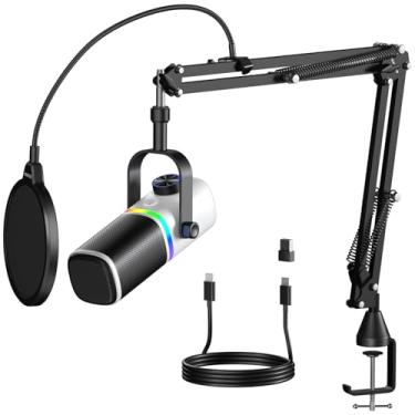 Imagem de Aokeo Microfone AK-10 USB para jogos com braço de microfone, microfone condensador para PC/MAC/PS4/PS5/telefone - microfone cardioide com iluminação RGB (branco)