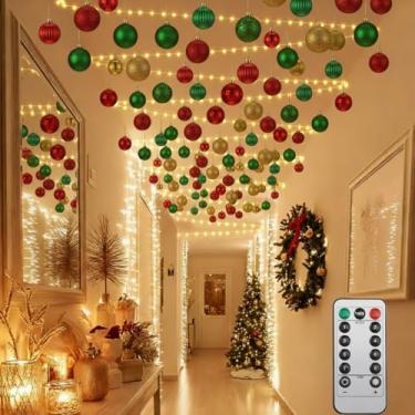 Imagem de Halloscume Luzes de teto para corredores de Natal, decorações de 19,8 m, luzes de LED com controle remoto, 41 enfeites de bola de Natal, decoração de varanda de festa de Natal faça você mesmo