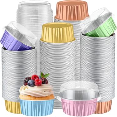 Imagem de Gejoy 400 peças de copos de alumínio para assar, com tampas, 142 g, ramequins descartáveis, mini formas de bolo, creme brulee, forros de cupcake, latas de muffin, molde de pudim, recipiente de