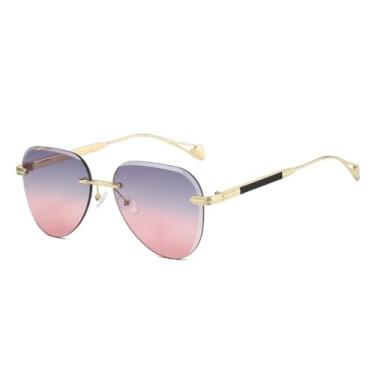 Imagem de HCHES Óculos de Sol Femininos Ovais Sem Armação com Lentes Degradê, Estilo Luxo, Street Shot, Punk, Proteção UV400 (Dourado, Cinza e Rosa)