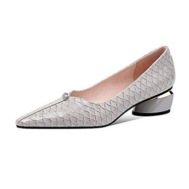 Imagem de TinaCus Mocassim feminino feito à mão de couro genuíno bico fino confortável salto baixo grosso, Cinza, 37