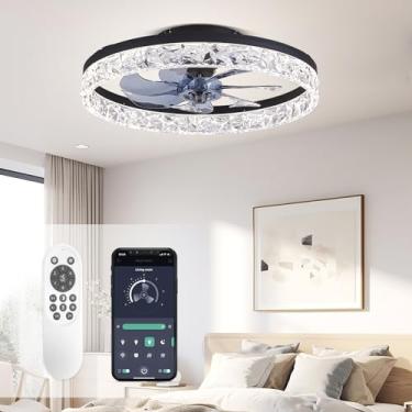Imagem de STERREN Ventilador De Teto De Cristal Com Luz, Ventiladores De Teto Modernos De Baixo Perfil De 19,7'' Com Controle Remoto, Luminárias De Teto De Ventilador Led De Montagem Embutida Preta Para Sala