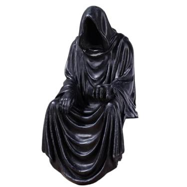 Imagem de Gothic Grim Reaper Figurine,Hand-Painted Resin Grim Reaper Decor Sitting Statue, Halloween Sculpture, Black Robe Mystery,for Desktop、Bookshelf Decor Figurine - 4.7 Inch Cool Mystic Garden Decors