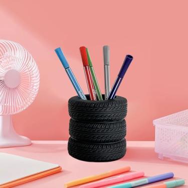 Imagem de Conjunto de papelaria em forma de pneu, suporte de caneta, suporte de cartão de visita de metal, organizador de cartão de visita automotivo para homens, escritório, escola, presente legal de mecânico