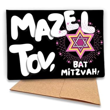 Imagem de Fava Bean Productions Cartão Bat Mitzvah para meninas (Mazel Tov) Parabéns a uma jovem judia, letras flutuantes divertidas com design rosa e preto - 140