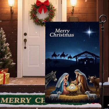 Imagem de Bandeira de jardim de Natal 30,5 x 45,7 cm - Bandeira pequena de decoração de jardim dupla face, presépio de feliz Natal impresso sob um céu estrelado para decorações de quintal de férias de inverno
