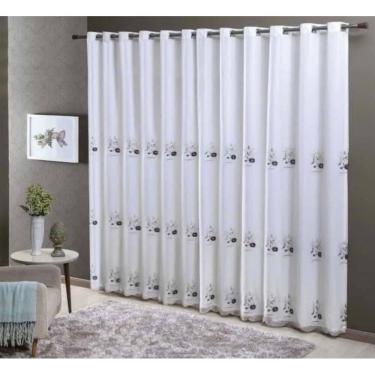 Imagem de Cortina Bordada Ilha Da Madeira Voal Com Forro 4m x 2,50m - Branco/Preto