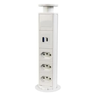 Imagem de Mini Torre De Tomada Embutir 3 Elétricas 20A + USB-C Branca - QTMOV