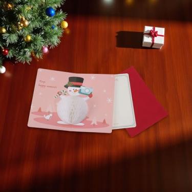 Imagem de 1 conjunto de cartão de felicitações de Natal boneco de neve fotográfico com papel envelope rosa branco 16 x 10 cm