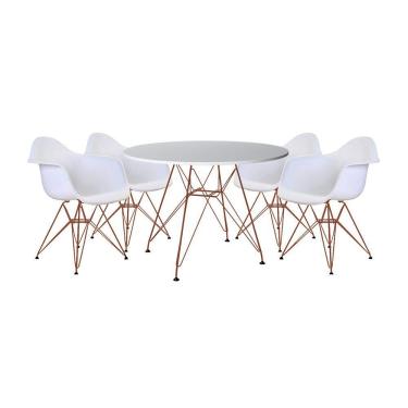 Imagem de Mesa De Jantar Redonda 90Cm Branca Com 4 Poltronas Brancas Ferro Cobre Cor: Preto