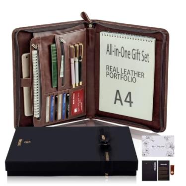 Imagem de Conjunto de presente de portfólio de couro genuíno com zíper - organizador completo de documentos de negócios de 33 x 25 cm para reuniões e entrevistas, para A4 e iPad, com caixa de presente, cartão