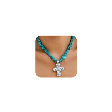Imagem de DZSYJKTM Colar feminino com pingente de cruz grossa martelada turquesa prata martelada, boêmio, gótico, verde, vermelho, preto, irregular, One Size, Metal, Sem Pedra Preciosa