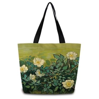 Imagem de ZhuVantrix Sacola para pintura a óleo, reutilizável, bolsa de ombro de compras com bolso interno com zíper, leve e lavável, elegante, rosa selvagem, presente para mulheres
