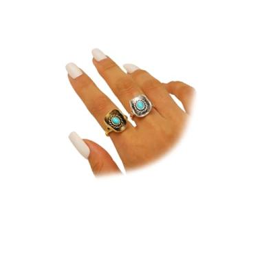 Imagem de GIGB PBDK Conjunto de anéis de chapéu de caubói ocidental turquesa, conjunto de anéis de dedo ajustável aberto étnico conjunto de joias de festa punk acessórios presente para mulheres, Large, Zinco