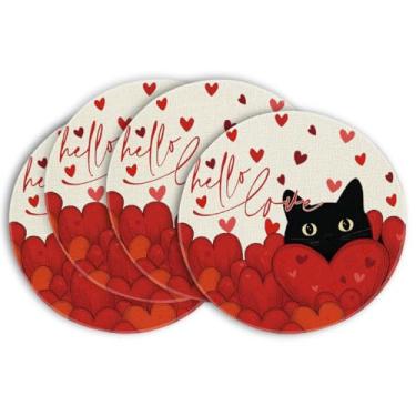 Imagem de Artoid Mode Jogo americano redondo Sweet Heart Cat Hello Valentine conjunto de 4, 35 cm para decoração de mesa de jantar e festa