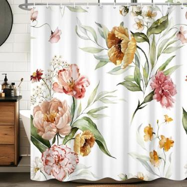 Imagem de Velaequezii Cortina de chuveiro com flores desabrochando, estampa floral, impermeável, lavável, tecido lavável, decoração de banheira, conjunto de cortina de chuveiro com ganchos 182 x 213 cm
