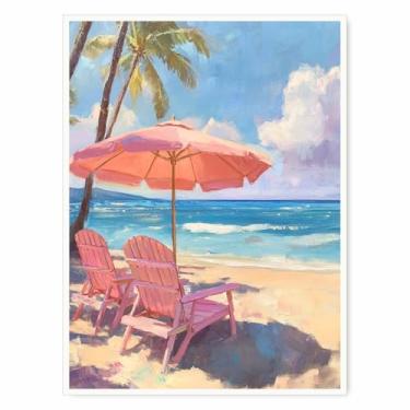 Imagem de Pintura de praia pastel – Arte de parede costeira rosa retrô, impressão de paisagem de praia vintage, decoração estética do pôr do sol do oceano para quarto, sala de estar ou casa de praia - 28 x 35