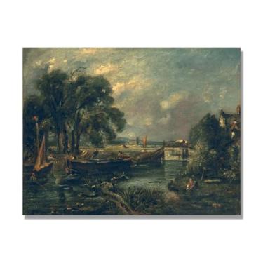 Imagem de NHLDZYH Arte em tela de paisagem estilo Constable, (barcaças no escado), pintura romântica do campo inglês, decoração de parede texturizada com pincelada pesada. Apenas tela 30x40cm-11,8x15,7 pol