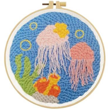 Imagem de Esffaci Kit de agulhas de perfuração para adultos, kit de bordado para iniciantes com água-viva padrão do mundo do mar coral, suprimentos de ponto de punção DIY com fio de tecido estampado, ferramenta