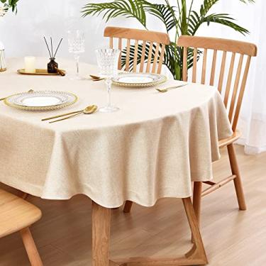 Imagem de Wolkemer Toalha de mesa oval de linho sintético, resistente, resistente a vincos, 152 x 213 cm, bege, casa de fazenda, capa de mesa rústica para cozinha, jantar, decoração de mesa interna e externa