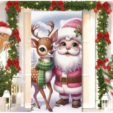 Imagem de Capa para Porta Feliz Natal Rosa com Elástico – Painel Decorativo Feliz Papai Noel Tecido Premiun (2,10 Cms X 0,85 Cms) (1)