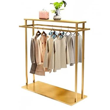 Imagem de Cabideiro de cabide dourado, suporte de exibição de roupas independente de metal com prateleiras, cabide de revestimento de trilho duplo para corredor, quarto, clothin
