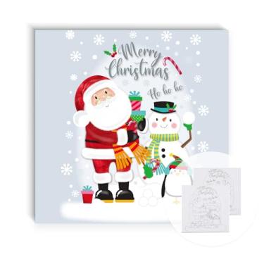 Imagem de Kit de pintura em tela pré-desenhada de Natal – pacote com 2 telas esticadas de 35,5 x 35,5 cm com design de Papai Noel, boneco de neve e pinguim, conjunto de tintas acrílicas para decoração de casa