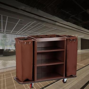 Imagem de Carrinho de limpeza comercial, carrinho de limpeza sobre rodas, organizador de limpeza com prateleiras, carrinho de hotel, carrinho de serviço de quarto, carrinho utilitário de empurrar à mão, marrom