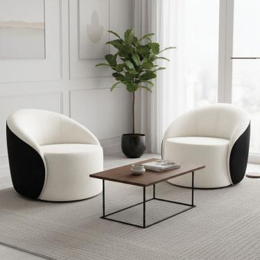 Imagem de Poltrona Sala Orgânica Kit 2 Lua Fixa Sintético PU Preto/Bouclê D03 - D`Rossi