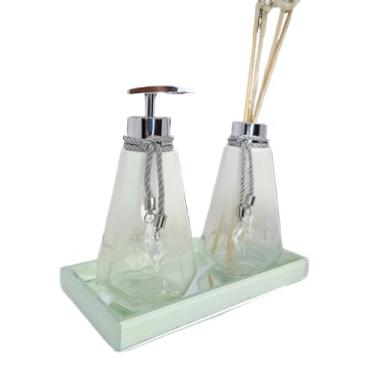 Imagem de Kit Lavabo Preto Branco Ambar Vidro 300ml Completo Com Bandeja Presente Chique Casa Nova Oferta(Com Bandeja,Branco Degrade C/Prata)