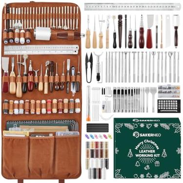 Imagem de SAKERNEO Ultimate Leather Crafting Tools Max Kit com tapetes de corte personalizados, gravação, perfuração, costura, estampagem e ferramentas de lixamento para projetos e reparos de artesanato DIY