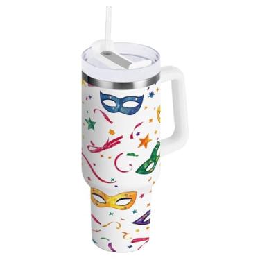 Imagem de ATTX Copo de máscara de carnaval de 850 g com alça, copo de aço inoxidável a vácuo de parede dupla com palha, caneca de café de viagem isolada #120