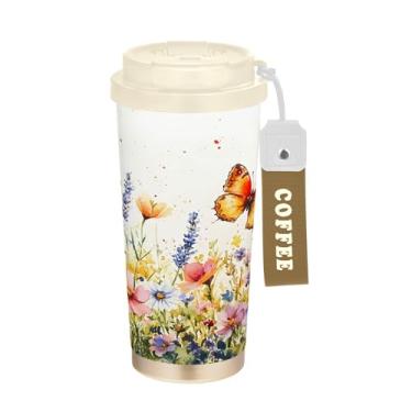 Imagem de SEHANY Caneca de viagem borboleta e flores de 482 ml Copos de café reutilizáveis revestidos de cerâmica com tampa à prova de vazamento, parede dupla, isolamento a vácuo, copo de café de aço inoxidável