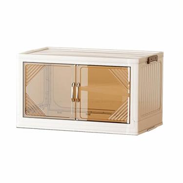 Imagem de SPXMQSS Caixa de armazenamento grande, caixas de armazenamento de plástico com tampa e rodas, caixas de armazenamento dobráveis empilháveis com porta magnética para roupa brinquedos livros campismo