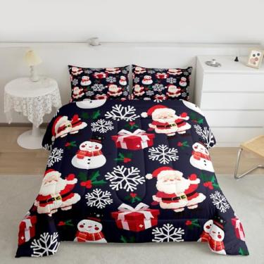 Imagem de jejeloiu Conjunto de edredom casal Feliz Natal, Papai Noel, para crianças, meninos, meninas, boneco de neve, edredom azul escuro, 2 peças com 123 fronhas