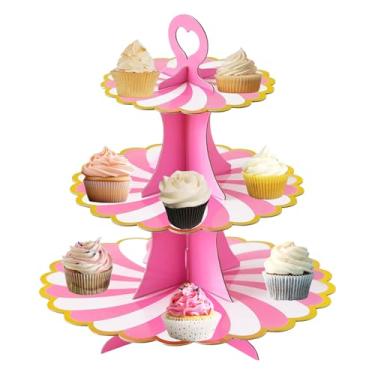 Imagem de Suporte de cupcake rosa de 3 camadas, suporte de papelão para cupcake – fácil de montar e reutilizável (branco e rosa)