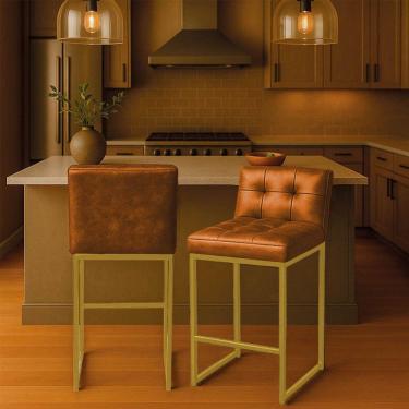 Imagem de Banqueta Cozinha Alta Com Encosto Industrial Kit 2 Dourado Lirina Pu Whisky C05 - D'rossi