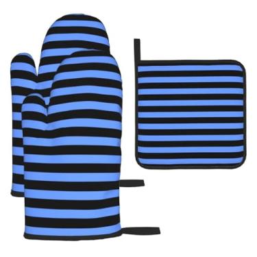 Imagem de Conjunto de cozinha essencial de 3 peças com estampa listrada, luvas resistentes ao calor e alça de tampa, proteção para churrasco no forno, design de armazenamento suspenso.