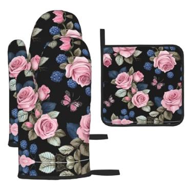 Imagem de Black Blackgound Rose – Conjunto de cozinha essencial com 3 peças, luvas seguras para calor e alça de tampa, proteção para churrasco no forno, design de armazenamento suspenso.