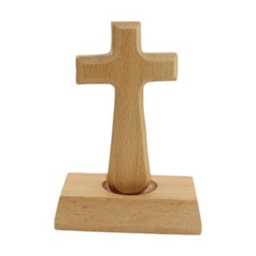 Imagem de MotiveTech Estátua de cruz de madeira em pé, escultura decorativa para oração, presente, ornamento de madeira artesanal para sala de estar ou escritório.