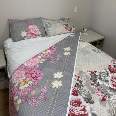Imagem de Kit Cobre Leito Colcha Casal 3 Peças Estampada Florida Matelado Dupla Face Percal Cama Box(Rosa Imperial)