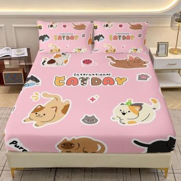 Imagem de AILONEN Jogo de lençol solteiro com desenho animado de gato fofo, gatinho fofo, animais kawaii, macio, bolso profundo com 2 fronhas, 3 peças
